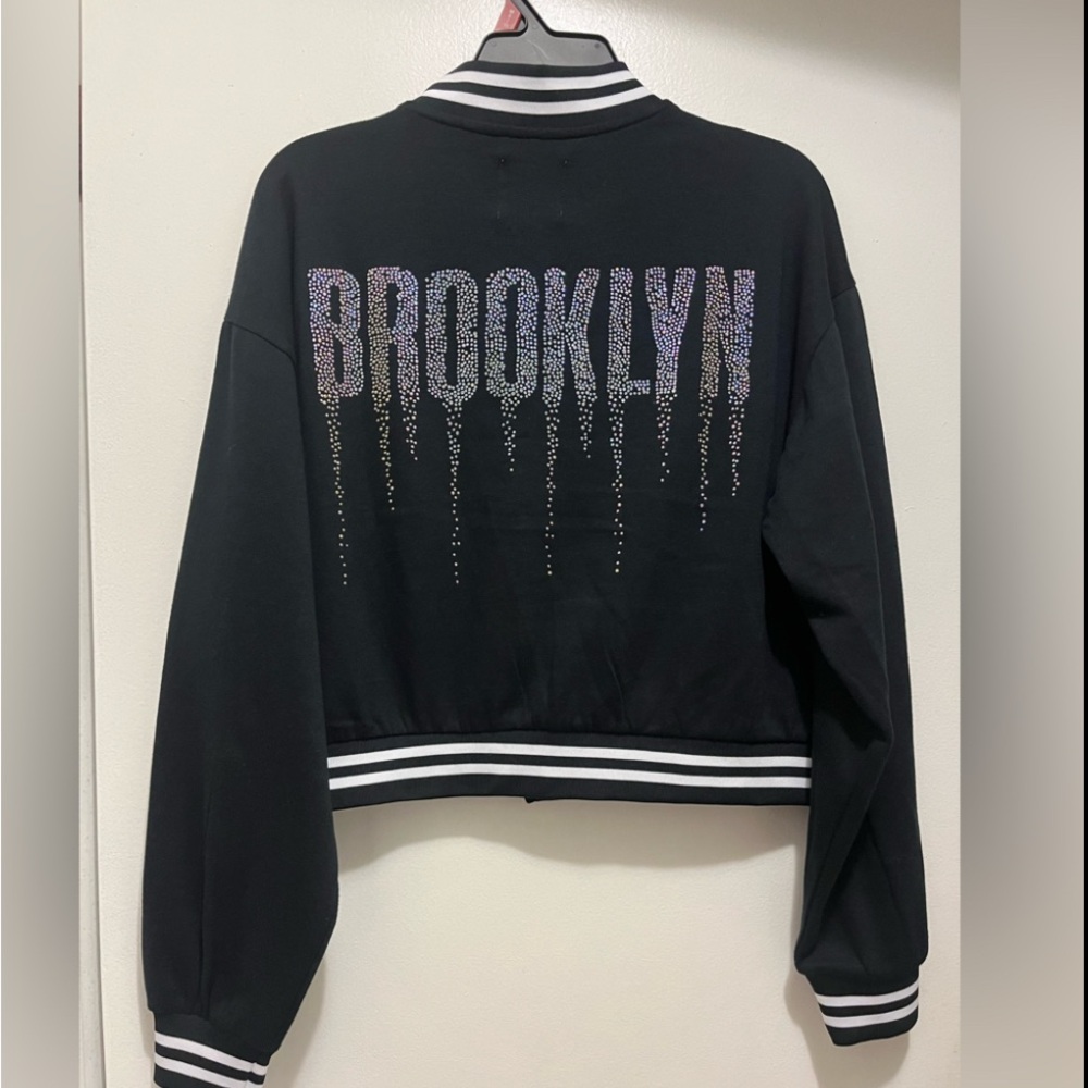 Common Stitch Black White Varsity Jacket 89' Brooklyn Dripping in rhinestones